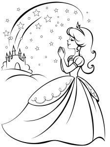 A princess making a wish upon a shooting star coloring page