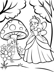 A princess meeting a tiny fairy on a mushroom coloring page