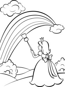 A princess painting the sky with a rainbow brush coloring page