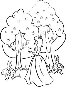 A princess picking apples in an enchanted orchard coloring page