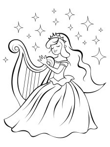 A princess playing a golden harp under a starry sky coloring page