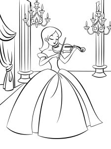A princess playing a golden violin in a castle hall coloring page