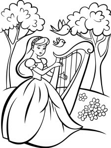 A princess playing a harp while birds sing along coloring page