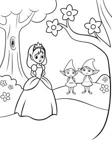 A princess playing hide and seek with tiny elves coloring page
