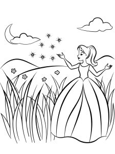 A princess playing with fireflies in a summer meadow coloring page