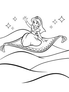 A princess riding a flying carpet above a golden desert coloring page