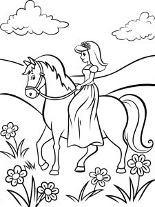 A princess riding a majestic white horse through a meadow coloring page