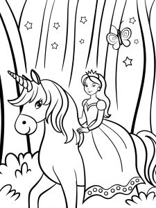 A princess riding a unicorn through a magical forest coloring page
