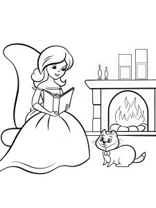 A princess sitting by a cozy fireplace with a fluffy cat coloring page