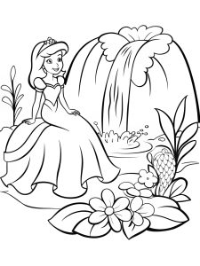 A princess sitting by a sparkling waterfall with a mermaid friend coloring page