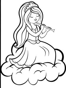 A princess sitting on a cloud playing a golden flute coloring page