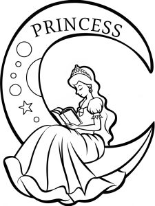 A princess sitting on a crescent moon reading a book coloring page