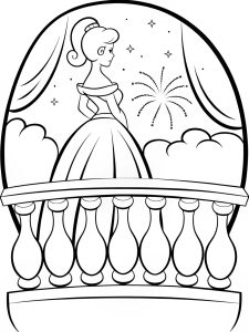 A princess standing on a balcony watching fireworks coloring page
