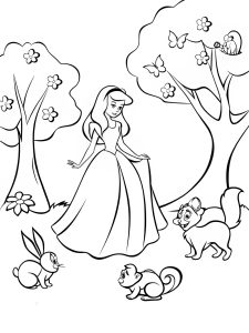 A princess surrounded by adorable forest animals coloring page