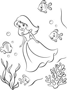 A princess swimming underwater with friendly fish coloring page