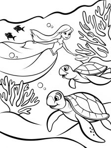 A princess swimming with a family of sea turtles coloring page