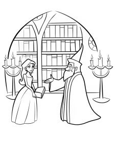 A princess talking to a wise old wizard in a library coloring page