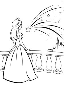 A princess watching a comet streak across the night sky coloring page