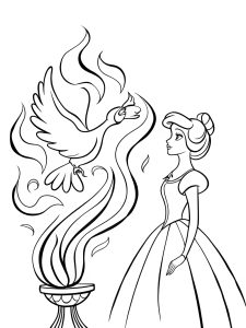 A princess watching a magical phoenix rise from flames coloring page