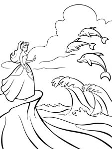 A princess watching dolphins jump over ocean waves coloring page