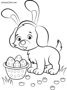 A puppy wearing Easter bunny ears and hiding tiny Easter eggs coloring page