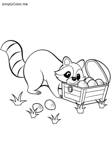 A raccoon sneaking Easter eggs into a treasure chest with tiny hidden acorns coloring page