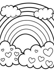 A rainbow filled with hearts and clouds coloring page