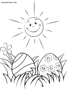 A smiling sun shining over a meadow filled with hidden Easter eggs coloring page