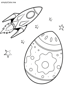 A spaceship flying past a giant Easter egg-shaped planet with tiny stars on it coloring page