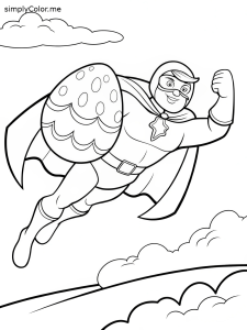 A superhero flying while holding an Easter egg-shaped shield with tiny hidden lightning bolts coloring page