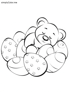 A teddy bear sleeping on a pile of Easter eggs with tiny moon shapes inside coloring page