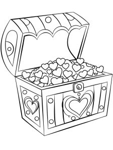 A treasure chest overflowing with heart-shaped jewels coloring page