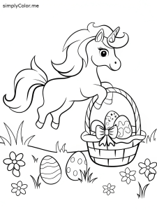 A unicorn jumping over an Easter basket with hidden tiny eggs in its mane coloring page