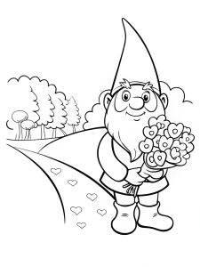 A whimsical garden gnome holding a bouquet of hearts coloring page