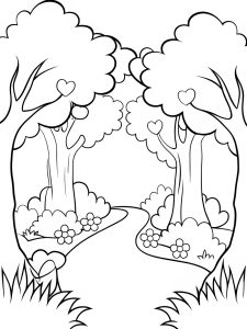 An enchanted forest path lined with heart-shaped trees coloring page