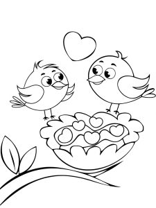Cartoon birds building a nest made of hearts coloring page