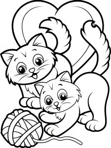 Cartoon cats playing with yarn shaped like hearts coloring page Cartoon cats playing with yarn shaped like hearts coloring page