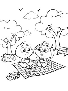 Cartoon characters having a Valentine’s Day picnic in the park coloring page