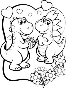 Cartoon dinosaurs exchanging Valentine’s gifts coloring page