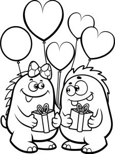 Cartoon monsters exchanging Valentine’s cards and gifts coloring page