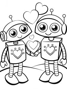 Cartoon robots exchanging love notes and hearts coloring page