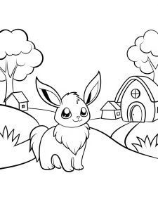 Eevee in a fairy tale village coloring page