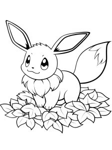 Eevee playing in a pile of autumn leaves coloring page