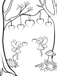 Fairies dancing around heart-shaped lights in a magical forest coloring page