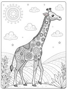 Groovy psychedelic alien giraffe with glowing spots and abstract patterns coloring page
