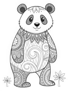 Groovy psychedelic alien panda with glowing fur and abstract designs coloring page