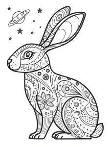 Groovy psychedelic alien rabbit with glowing ears and trippy patterns coloring page