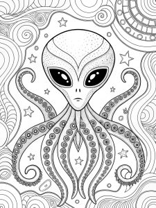 Groovy psychedelic alien with tentacles and swirling, trippy patterns coloring page