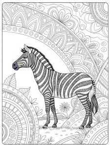Groovy psychedelic alien zebra with glowing stripes and abstract designs coloring page