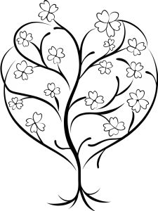 Heart mandala with Japanese cherry tree branches coloring page